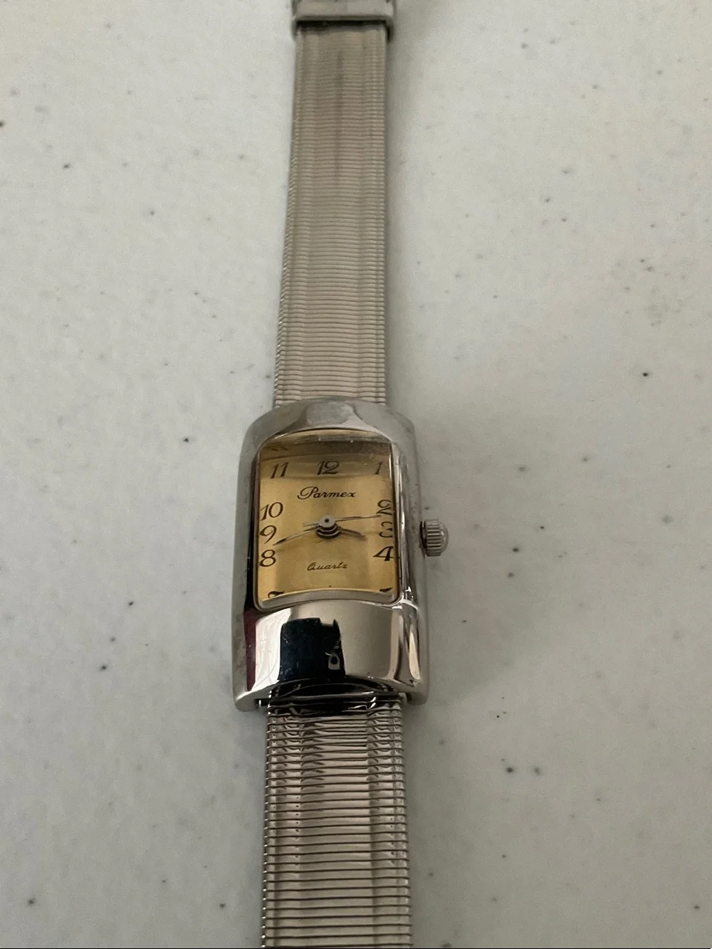 Rectangular Silver-Tone Quartz Watch with Champagne Dial